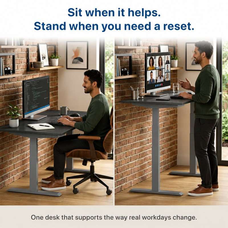 Rise Up Dual Motor Electric Standing Desk with a Bamboo Top , 46.7" H x 60" W x 30" D, Black Bamboo/Gray