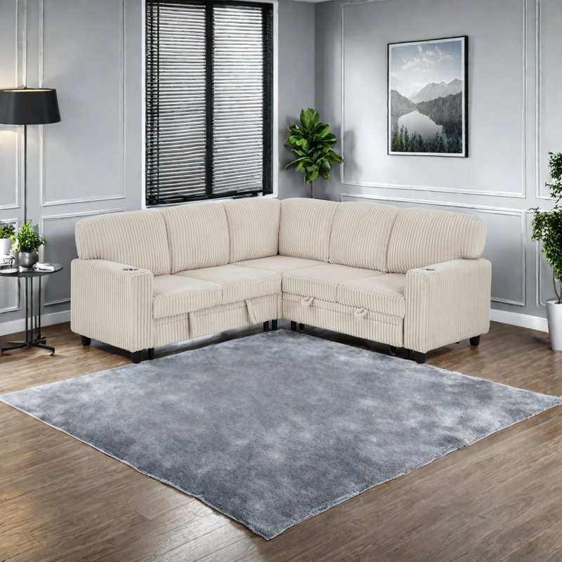 L-Shaped Sectional Sofa Bed With Pull-Out Bed & Storage, 5-Seat Sleeper Couch With USB Charging, Convertible Design For Living Room, Apartment, Corduroy Fabric