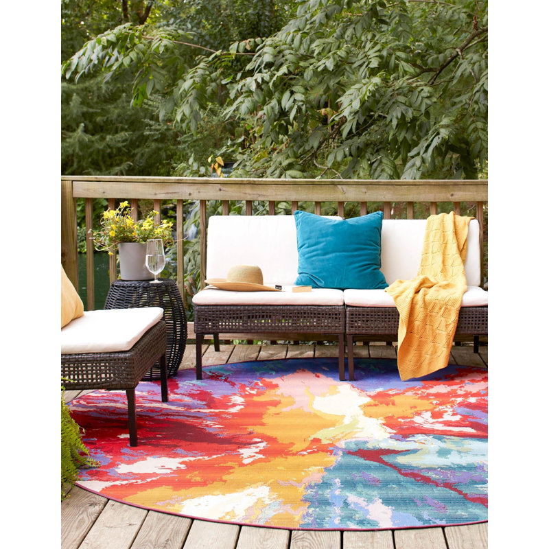 Azaleea Power Loomed Polypropylene Indoor/Outdoor Area Rug in Blue/Red/Orange, Rond 7 pi 10 po
