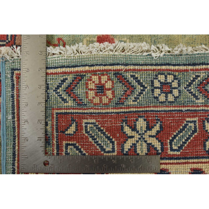 Hand-Knotted Green and Red Wool Cotton Area Rug