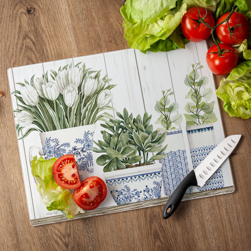 Blue & White Floral Tempered Glass Cutting Board 15" x 12"