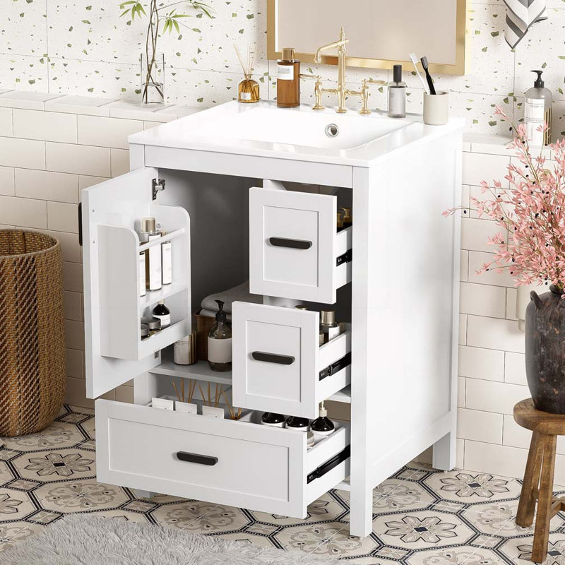 Meuble-lavabo de salle de bain avec lavabo en céramique, 3 tiroirs et 1 porte, rangement polyvalent, Blanc