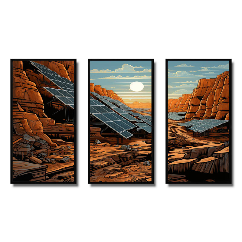 Orange Desert Solar Panels Field - Panneaux solaires, art mural, Cadre flottant noir, H 32 po x l 48 po x P 1 po