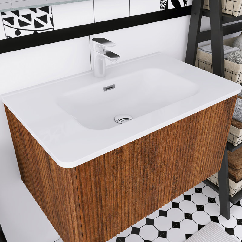 Meuble-lavabo flottant mural 30 po avec lavabo en céramique blanc, Noyer
