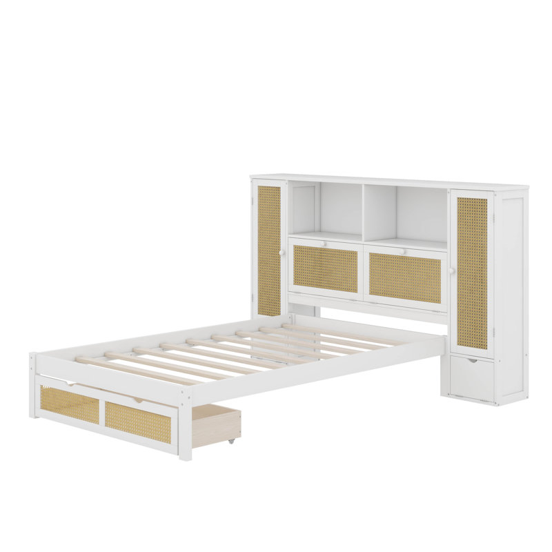 Lit simple en bois avec deux casiers de rangement, un tiroir et une tablette de rangement sur la tête de lit, Blanc