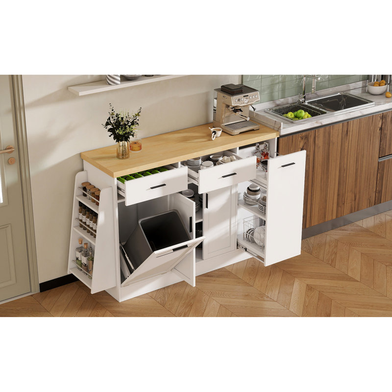 Buffet de rangement multifonctionnel avec étagère à épices à 3 niveaux, poubelle cachée et armoire à porte coulissante. Conception à deux tons pour le rangement des canettes de la salle à manger de la cuisine, beaucoup d'espace
