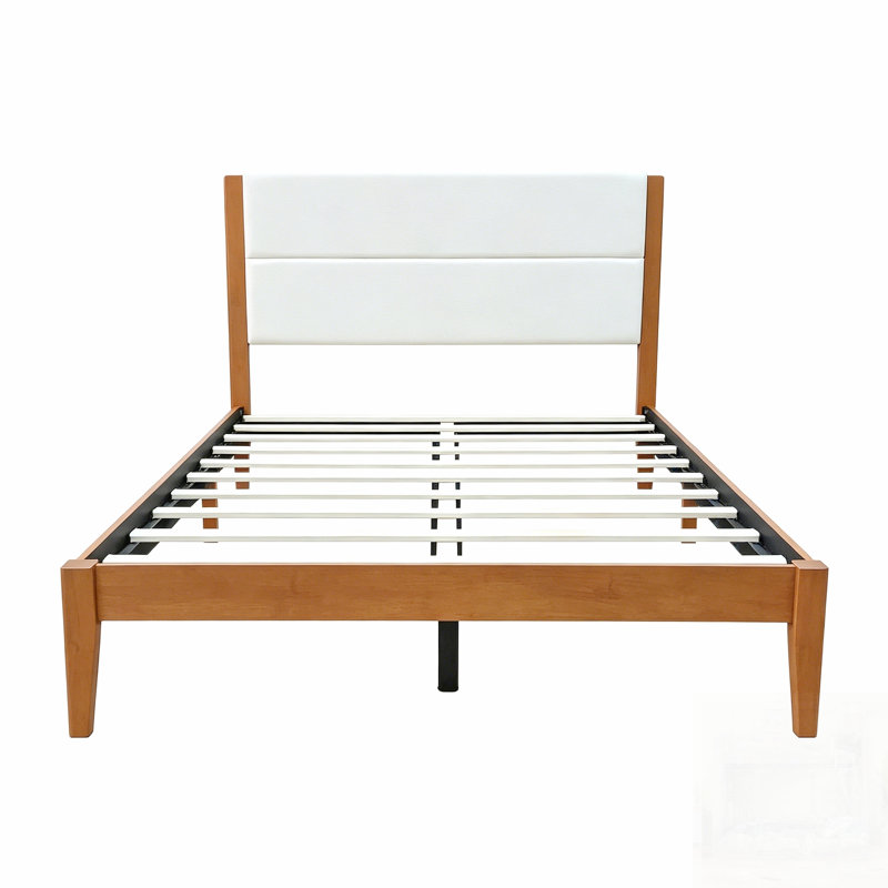 Structure de lit plateforme Mid-Century moderne avec tête de lit tapissier, support de lattes en bois massif, aucun sommier requis, assemblage facile