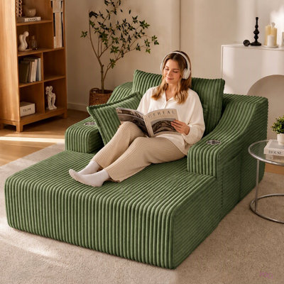 Chaise longue d'intérieur, canapé-lit rembourré de 170 cm avec porte-gobelets et 3 oreillers