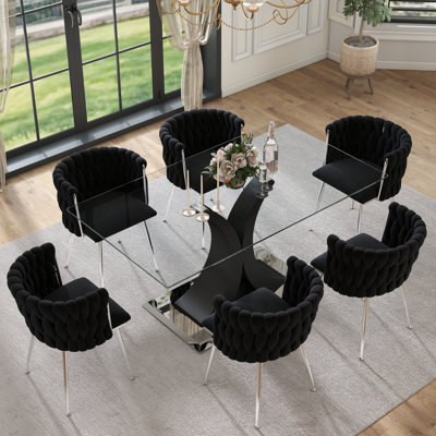 Modern Luxtury Rectangle Dining Table Set,Tempered Glass Dining Table with Velvet Dining Chair for Dining Room