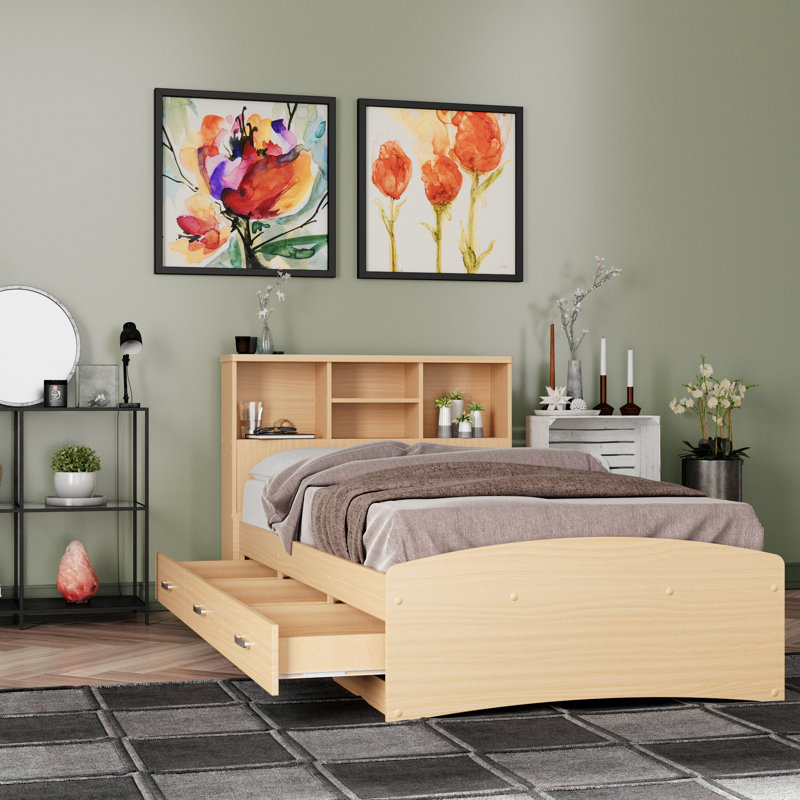 Base de lit avec rangement et tête de lit Monira, Lit simple, Hêtre