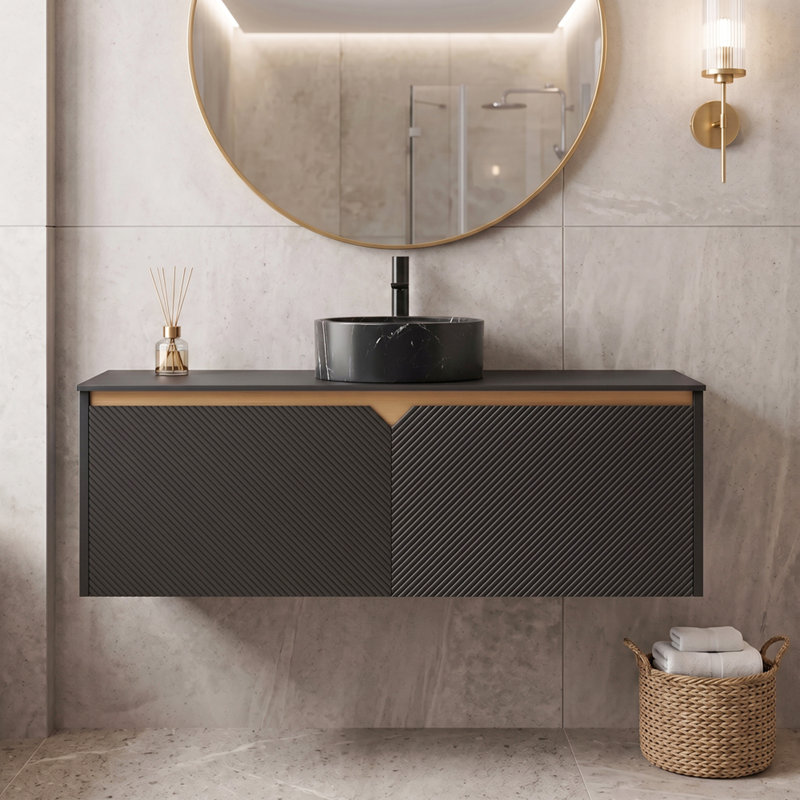 Meuble-lavabo mural 48 po en contreplaqué avec lavabos en céramique et portes doubles en sergé et armoire de rangement noir