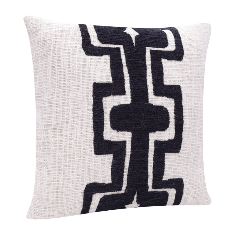 Housse de coussin géométrique faite main en mélange de laine et coton, Onyx / ivoire, Carré 20 po, Polyester