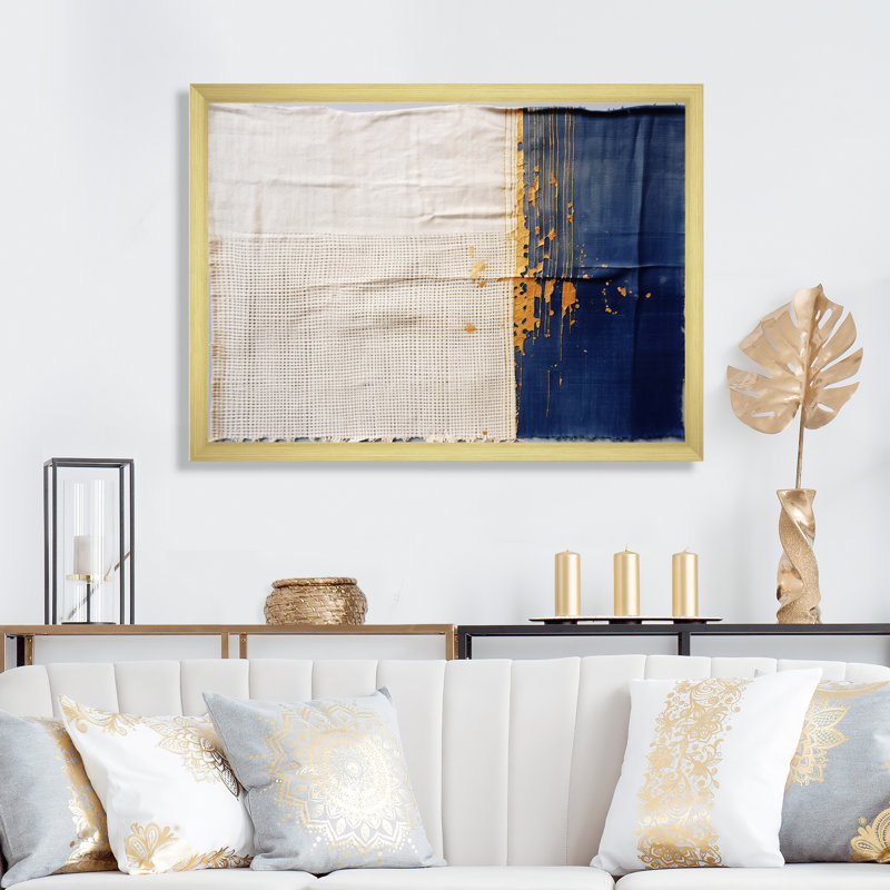 Tissu du temps abstrait bleu et or I - reproduction d'art sur toile, H 12 po x l 20 po x P 1 po, Encadrement doré
