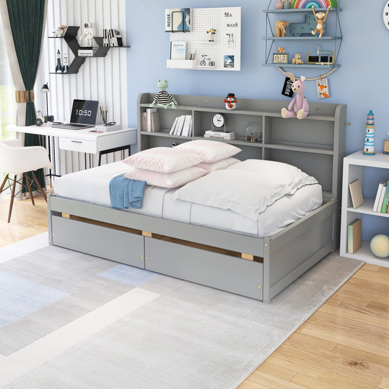 Space-Optimizing Bed With Side Bookcase, Drawers, Gray, Twin 