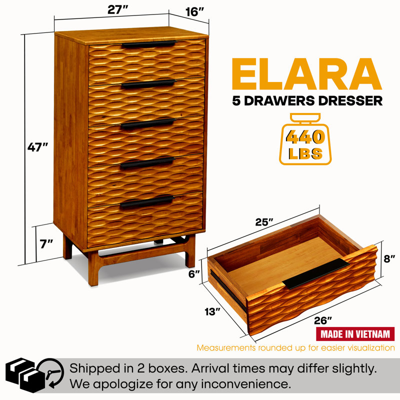 Commode haute 5 tiroirs Elara, Caramel