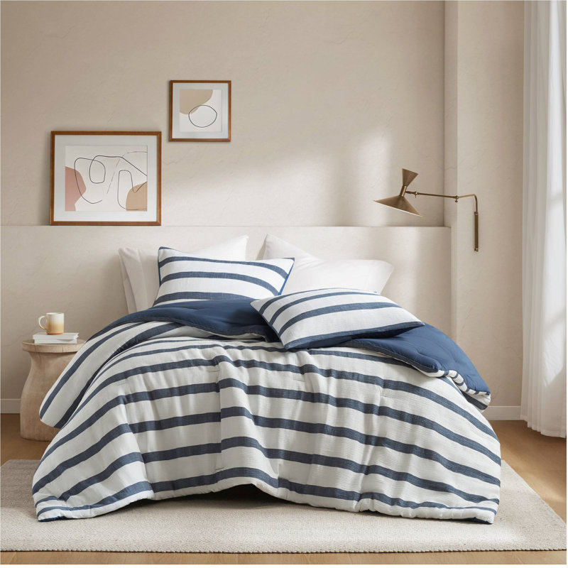 Édredon 3 pièces à rayures teintes en fil, Rayures bleues, Édredon très grand et 2 taies d'oreiller