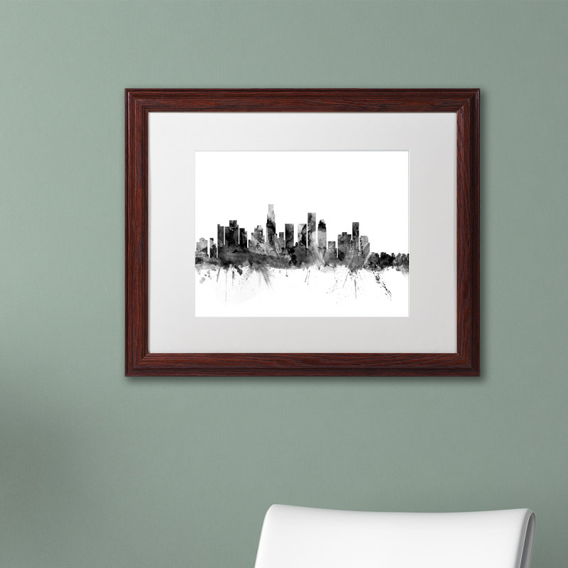 « los angeles ca horizon b&w », impression sur toile encadrée, H 11 po x l 14 po x P 0,5 po, Noir, Cadre brun