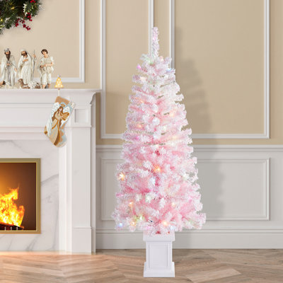 Arbre de Noël artificiel rose enneigé 4 pi avec lumières