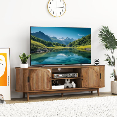 Meuble télé 51 po cannelé pour téléviseur de 60 po ou moins de style Mid-Century avec portes coulissantes pour salon, chambre à coucher