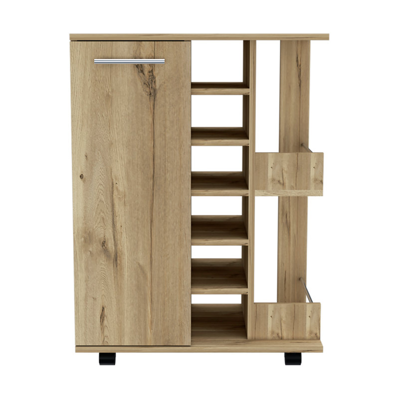 Chariot-bar roulant avec deux tablettes extérieures, une porte simple et six porte-bouteilles intégrés, Chêne clair