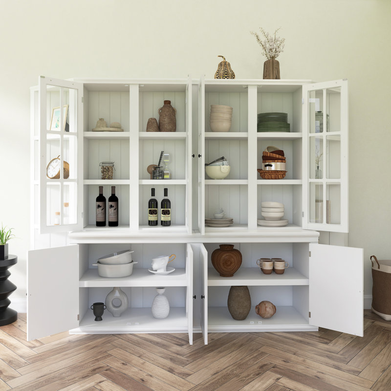2 armoires de présentation de 75,25 po de haut et deux tablettes triangulaires à côtés, ensemble mural de style rétro de 105,5 po de large avec portes en verre