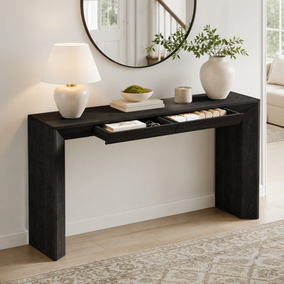 Table console moderne avec 2 tiroirs dissimulés, table d'entrée de style cascade avec pieds épaissis et grain de bois rustique pour le salon, le vestibule et le couloir
