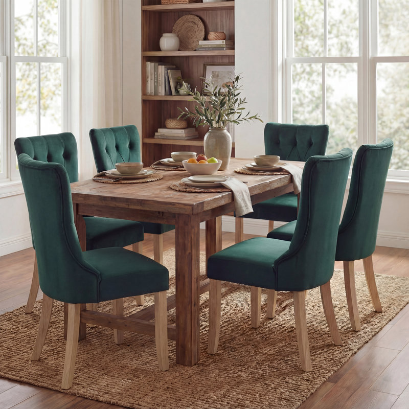 Upholstered Dining Chair With Button - Tufted Back & Wooden Legs(set Of 6), 6, Green