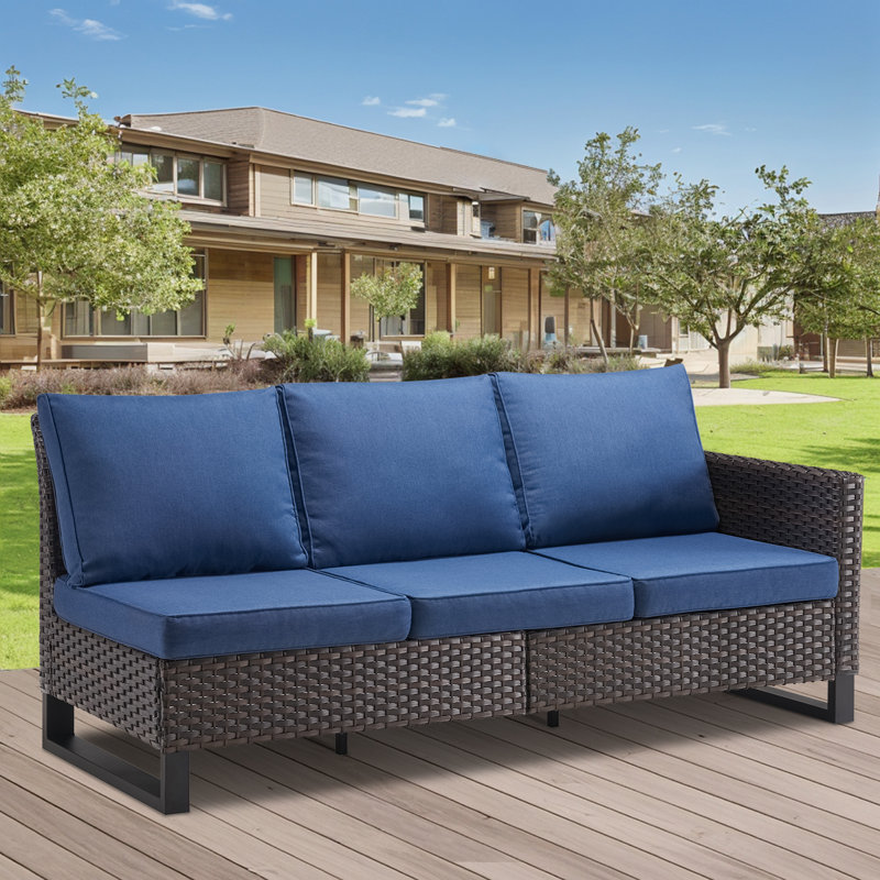 Ingvald 71.45" Wide Outdoor Wicker/Rattan U-Shaped Patio Sectional With Cushions, Blue