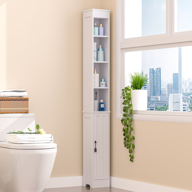 Bathroom Tall Cabinet With Adjustable Shelves, Narrow Storage Cabinet With Toilet Paper Scroll For Bathroom, Freestanding Bathroom Storage Cabinet with Magnetic Door, White