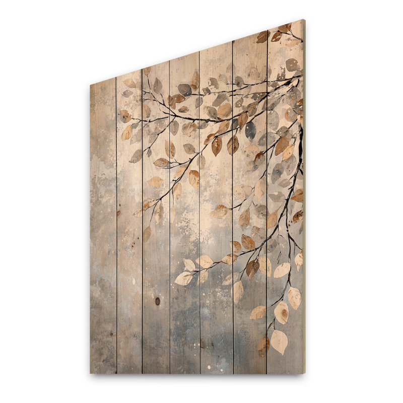 Branches Leave In The Snow III - Leaves  Wood Wall Decor On Natural Pine Wood, 32" H x 24" W