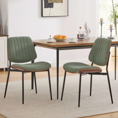 Ensemble de 2 chaises de salle à manger rétro en lin de style Mid-Century - dossier noyer courbé et pieds réglables en métal (lin vert olive)