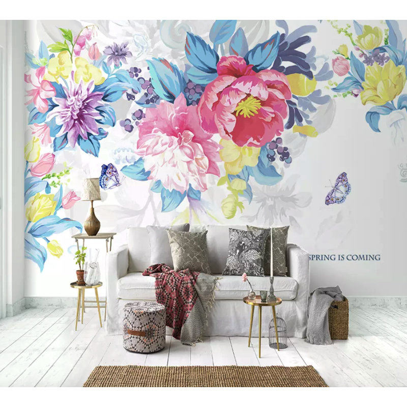 Papier peint texturé floral avec pivoines et aquarelle, l 75 po x L 49 po