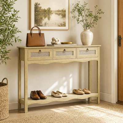 47.3" Rattan Console Table With 3 Drawers