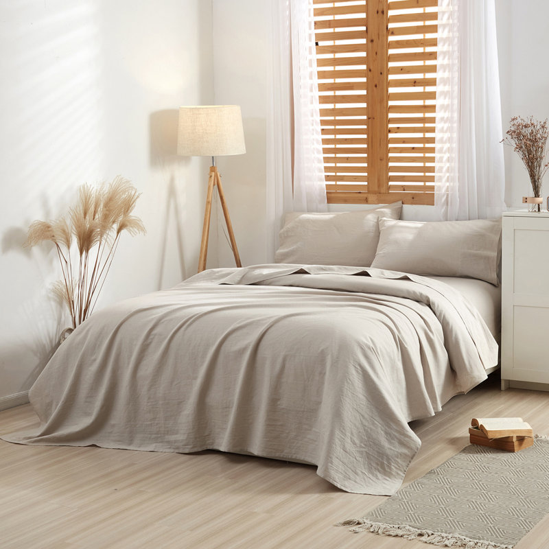 Ensemble de draps 100% lin français Lived in Look, Ensemble de draps pour grand lit avec 2 taies d'or