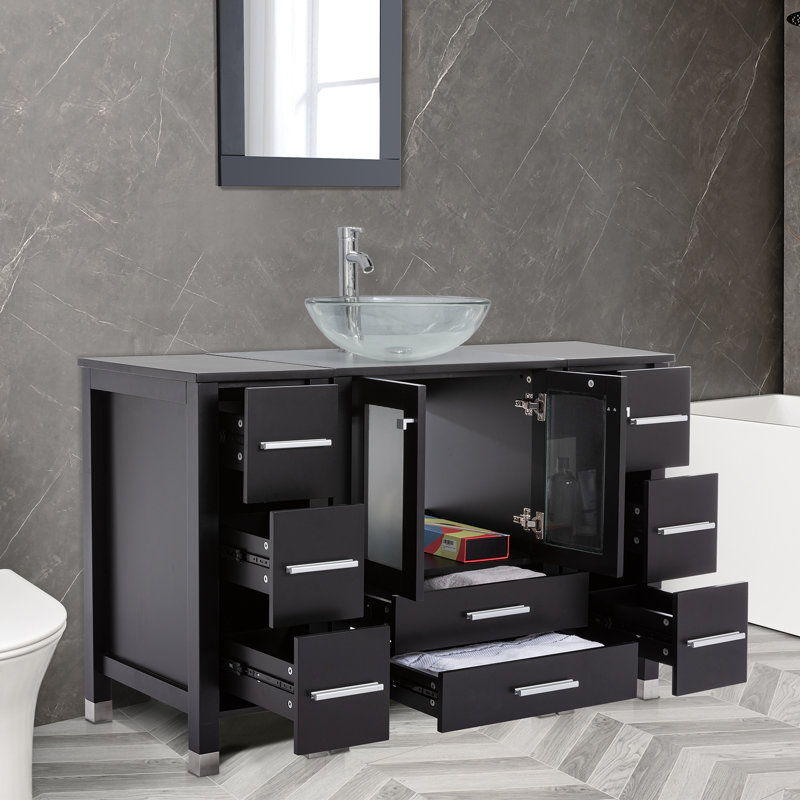 Getzel 48 Single Bathroom Vanity with Wood Top, Vessel Sink, Zinc Alloy Faucet, Solid Wood Legs, Black, Clear