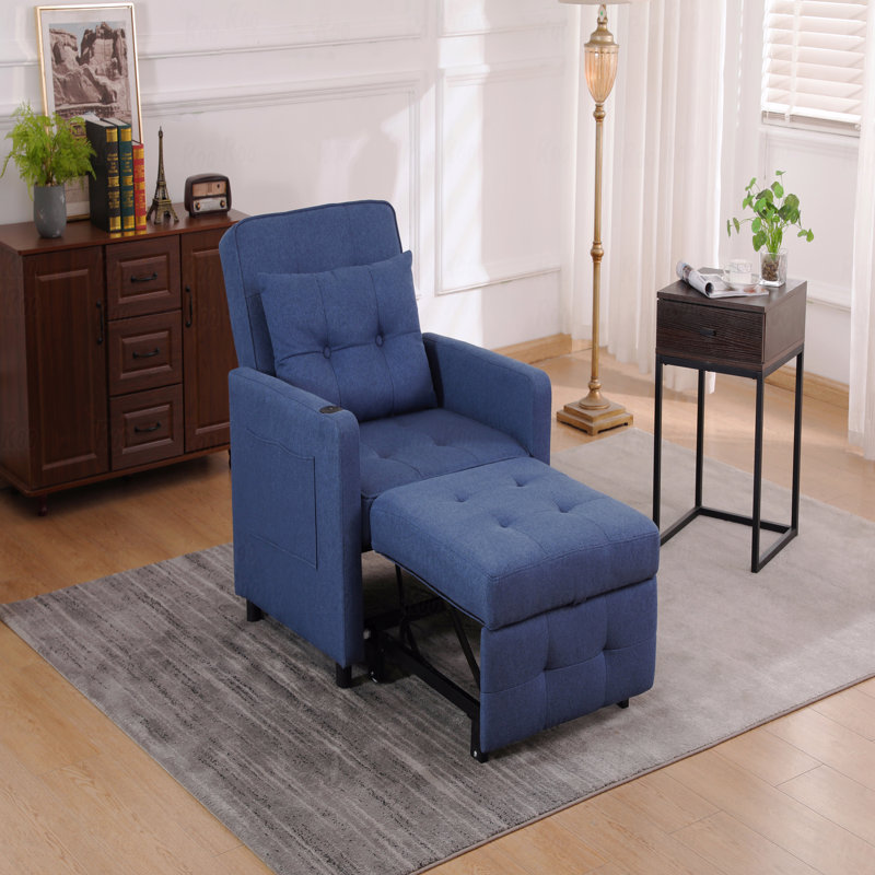 With Recliner Function Sleeper Chair 3-In-1 Convertible Chair Bed Pull Out Sleeper Chair Beds Adjustable Single Armchair Sofa Bed With Usb Ports, Side Pocket, Linen Fabric Upholstered Navy Blue