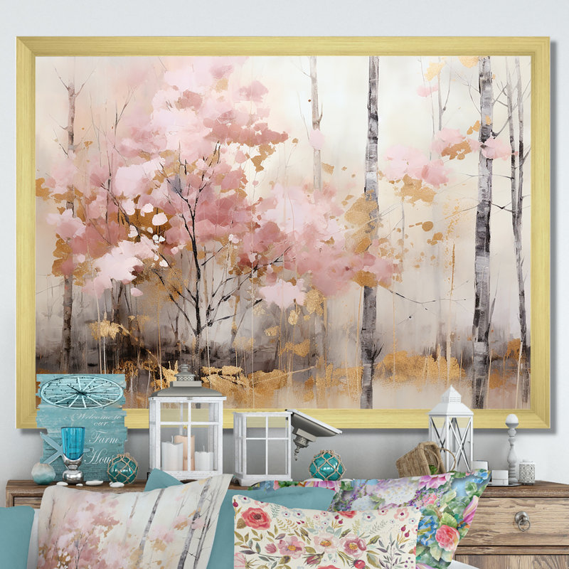 «Minimalisme rose et forêt dorée», reproduction sur toile, H 34 po x l 44 po x P 1,5 po, Cadre doré simple