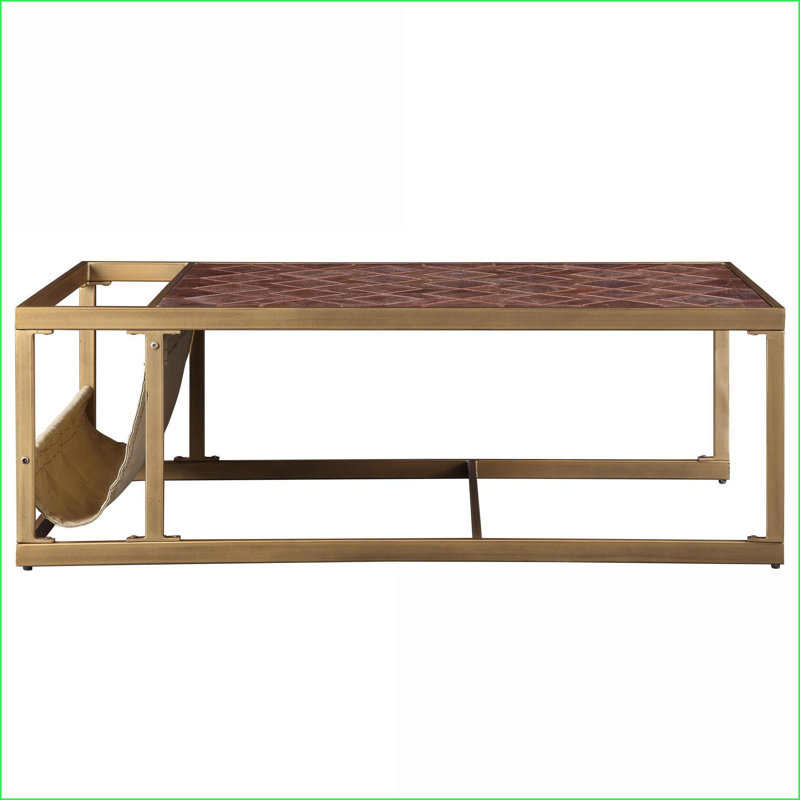 Table basse rétro en cuir fleur brun pour le salon, facile à assembler avec porte-revues
