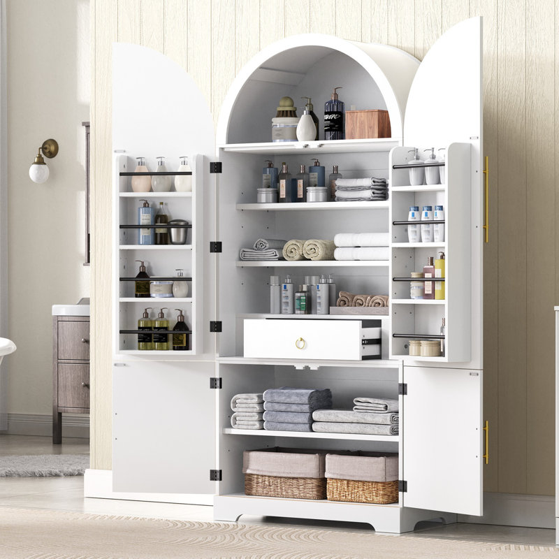 Armoire garde-manger arquée moderne avec tablettes de rangement réglables, MDF blanc