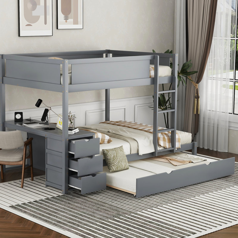 Lit superposé gris, lit gigogne simple, bureau avec 3 tiroirs et charge pour téléphones portables, ports de rangement gris, espace limité idéal