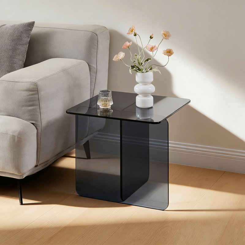 Table d'appoint moderne carrée en verre trempé transparent avec base en croix et design minimaliste, Gris fumée
