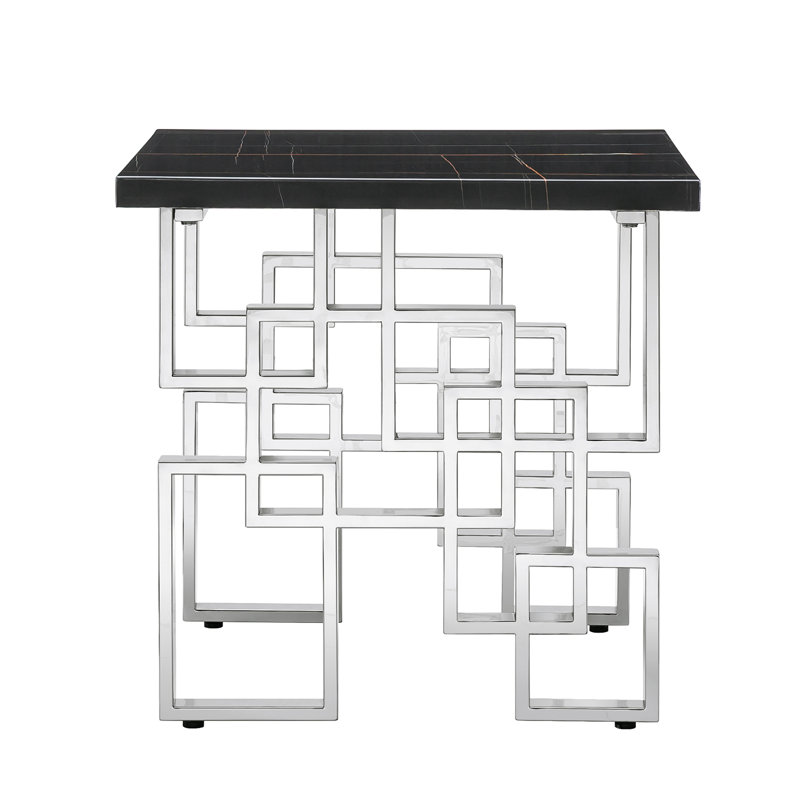 Yendy Solid Wood Top End Table, Black Top/Silver Base