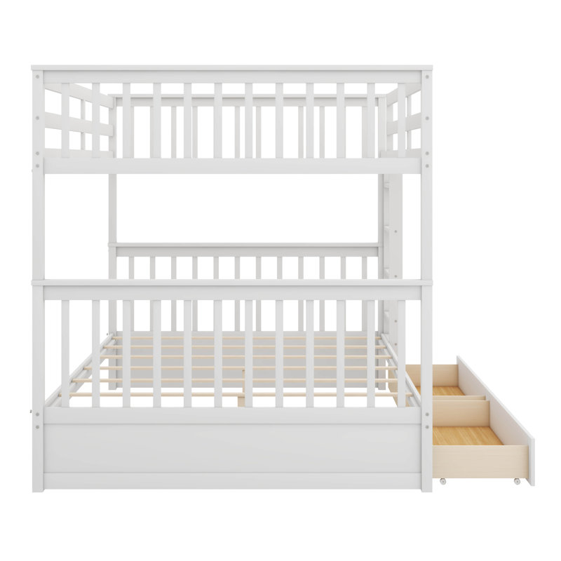 Bunk Beds With 2 Storage Drawers, Solid Wood Bunk Bed With Ladder And Safety Guardrail, Convertible Bunk Beds, Full Over Full