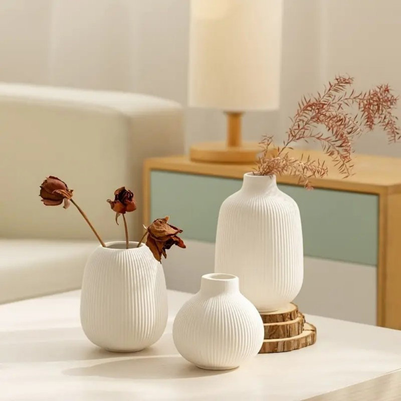 Ensemble de 3 vases en céramique à rayures minimalistes - blanc rustique, design texturé pour décoration intérieure moderne | Idéal pour les fleurs séchées et la culture hydroponique | Vase en forme de cylindre, aucune pile requise, vases