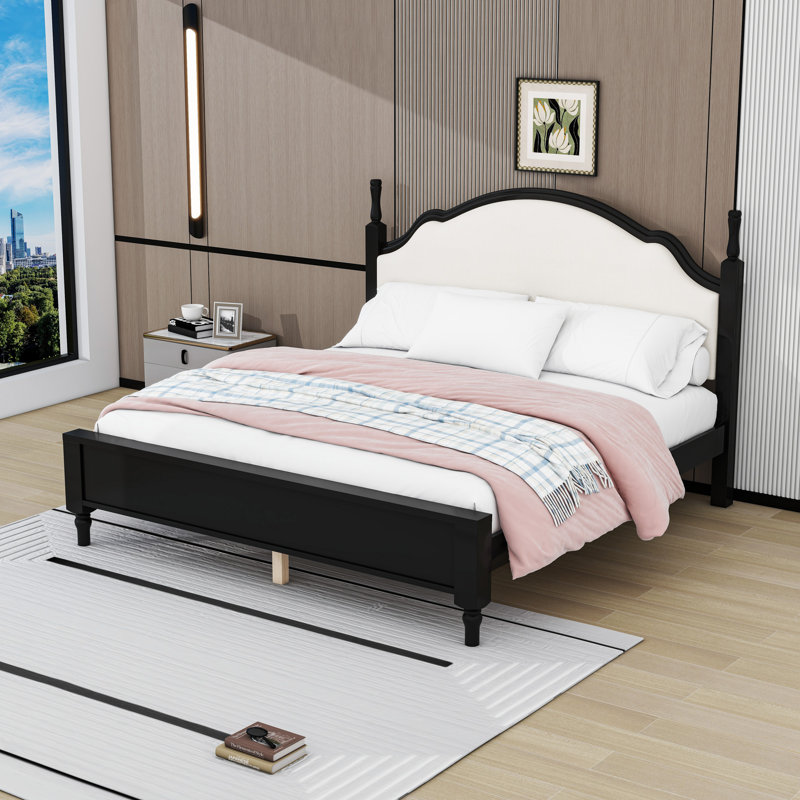 Base de lit plateforme en bois avec tête de lit, Black/Beige, Très grand lit