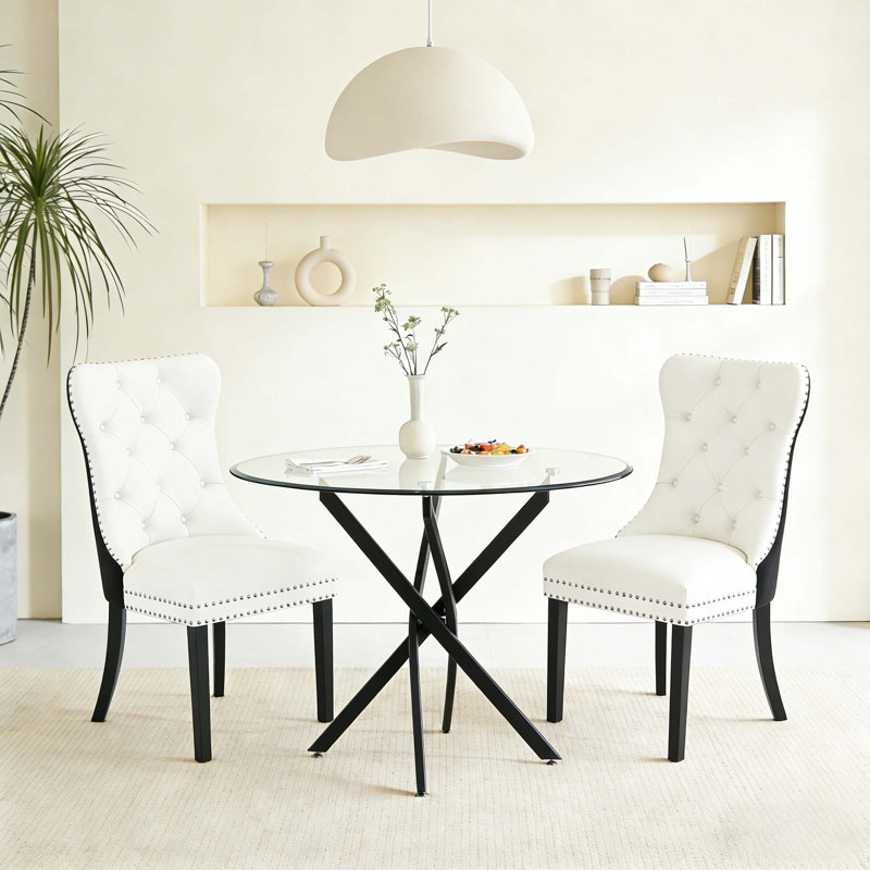 3-Piece Round Glass Table Set With Velvet Chairs – Metal Base, Seats 2