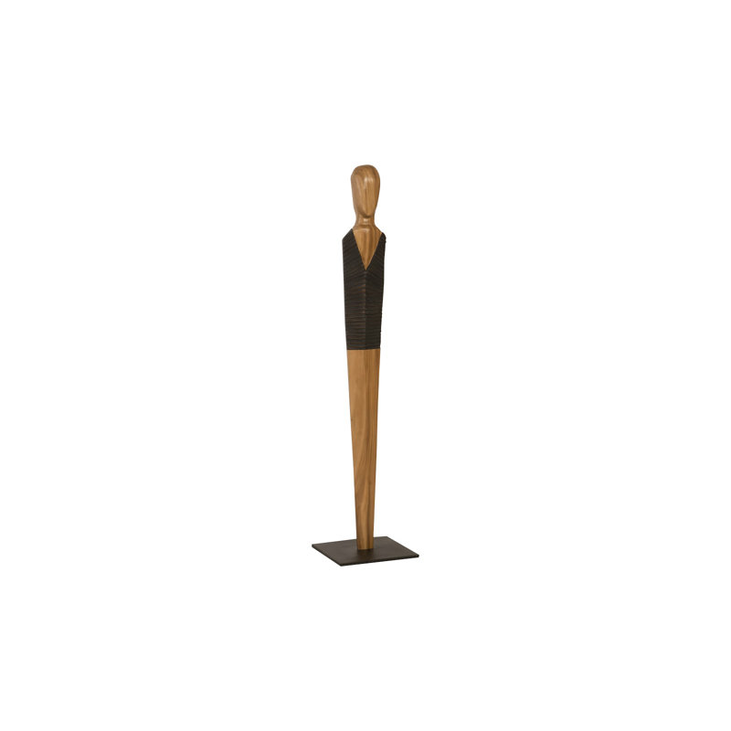 Tall Natural and Black Wood Sculpture on Metal Base