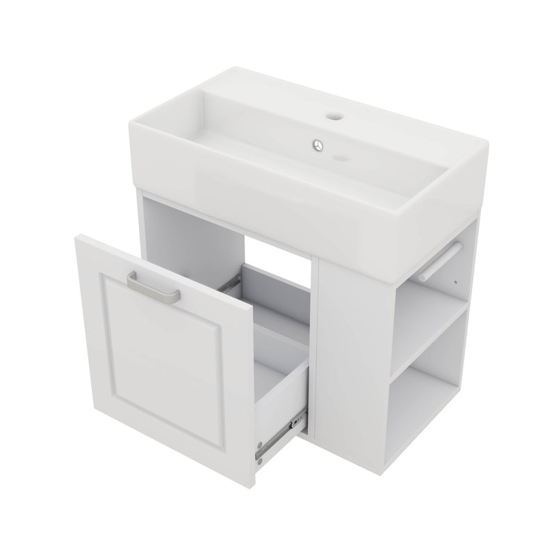 Meuble-lavabo flottant mural de 21,8 po avec meuble-lavabo, grand tiroir et tablette réglable, Blanc
