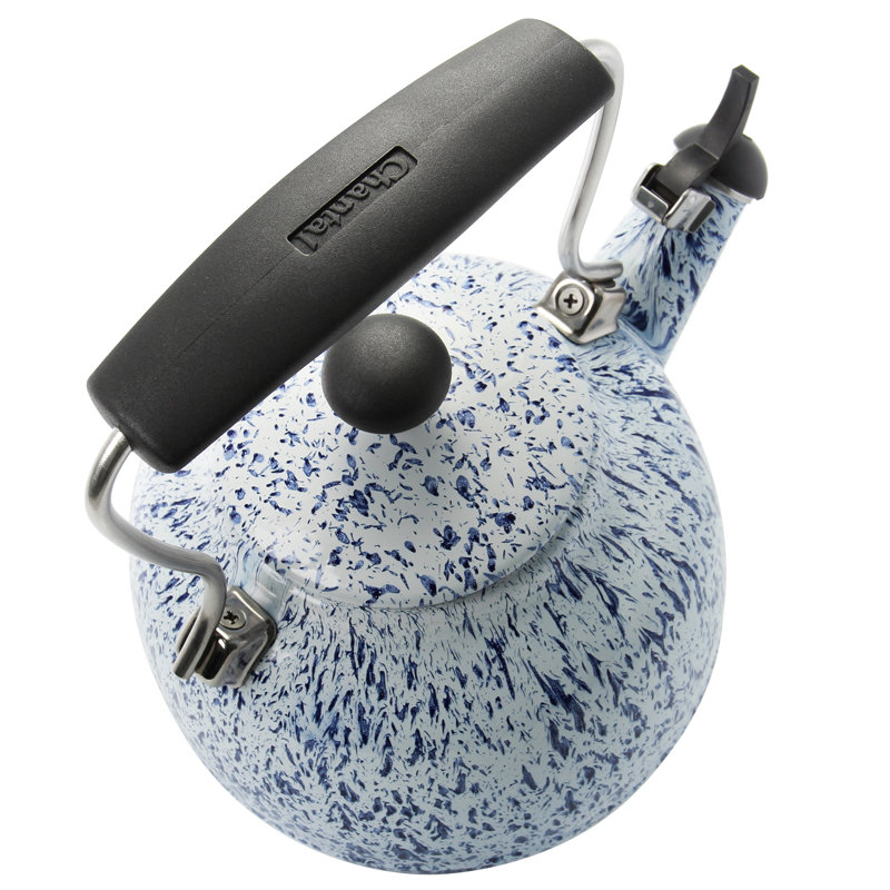 Chantal Vintage 1.7 qt Carbon Steel Whistling Stovetop Teakettle, Splatter White/Blue