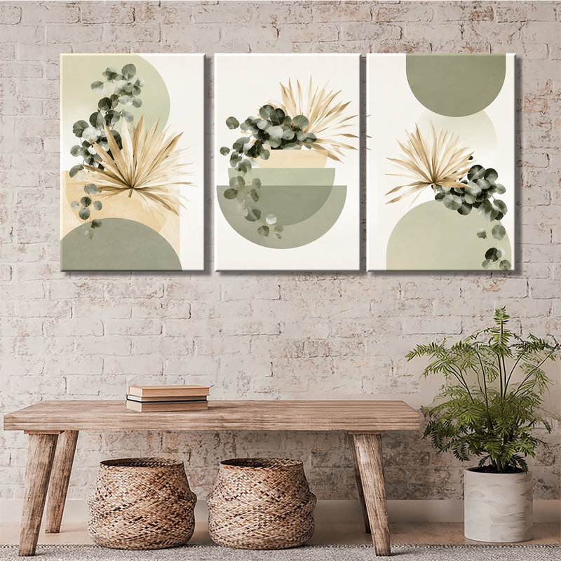«Sage Green Eucalyptus Palm Leaf Geometric Boho», art mural minimaliste sur toile 3 pièces, H 24 po x l 48 po x P 1 po
